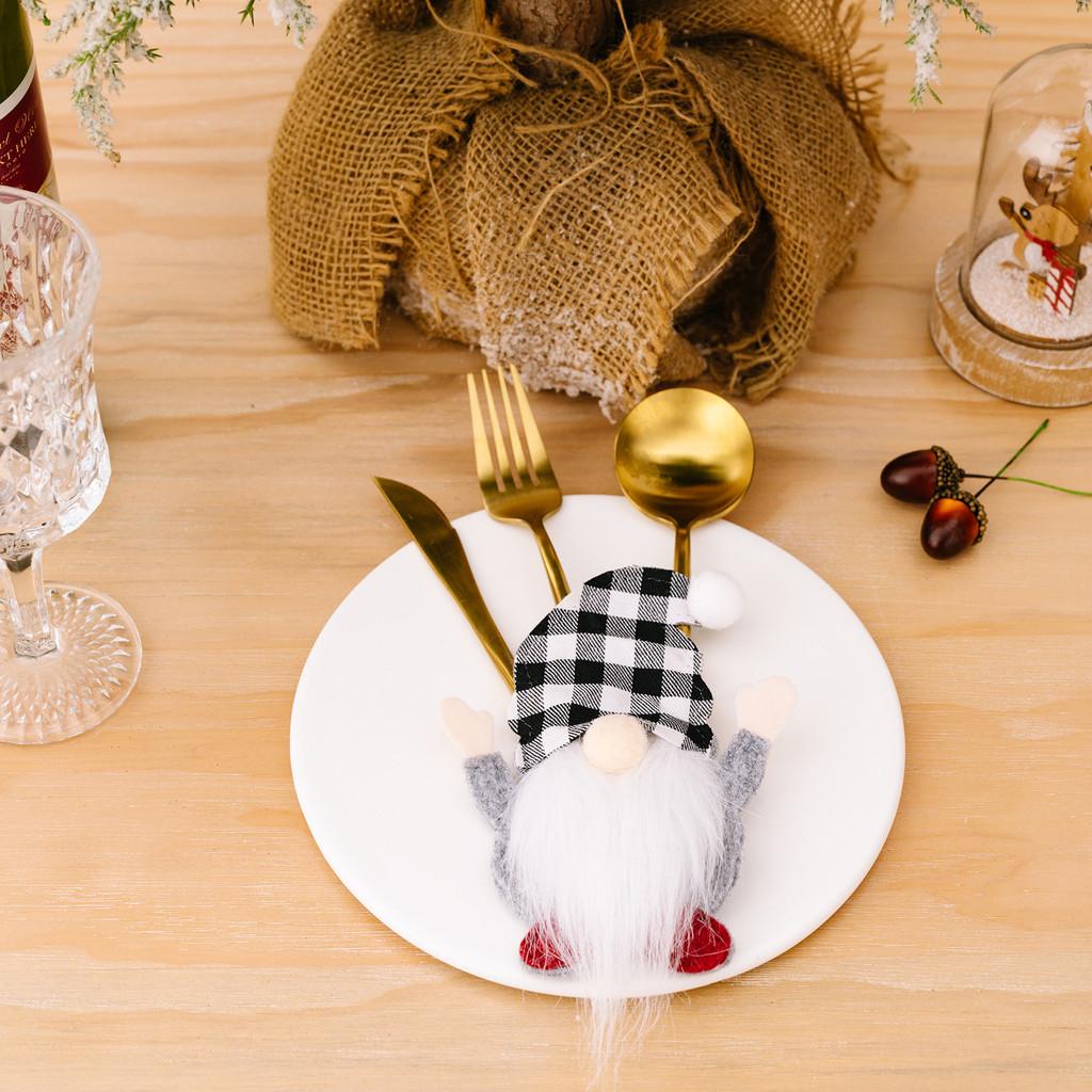 Festive Checkered Hat Gnome Tabletop Ornament With Cutlery Holder For Holidays