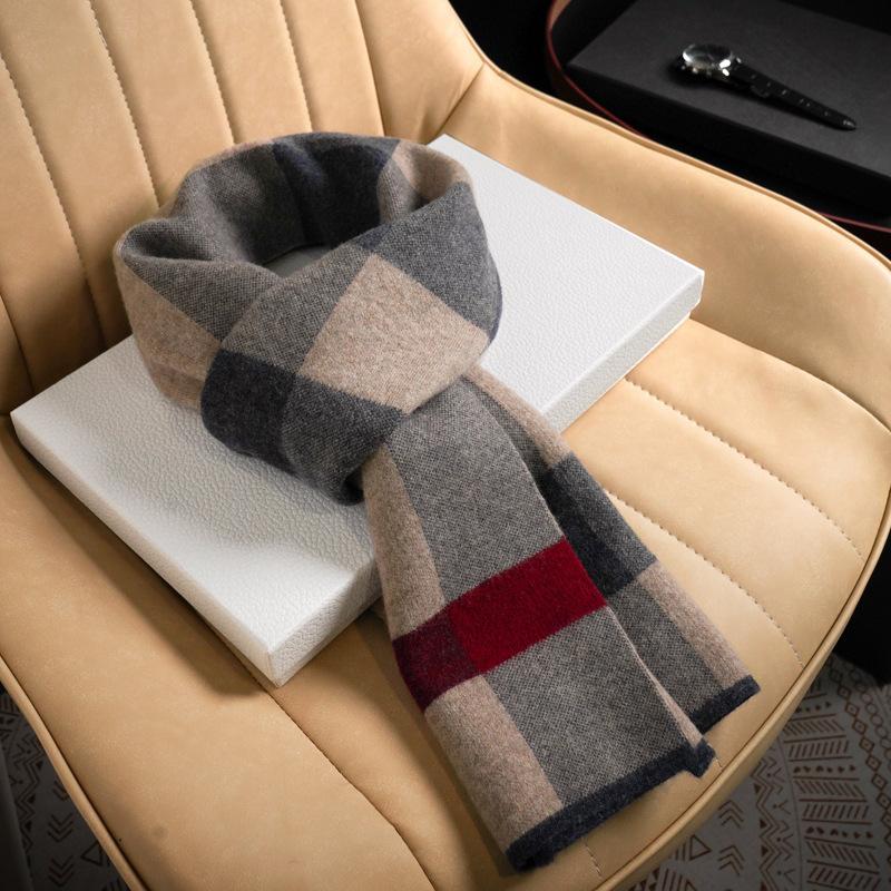Pure Wool Plaid Scarf Men's Autumn and Winter Versatile Warm Thickened High-end Men's Scarf New Scarf
