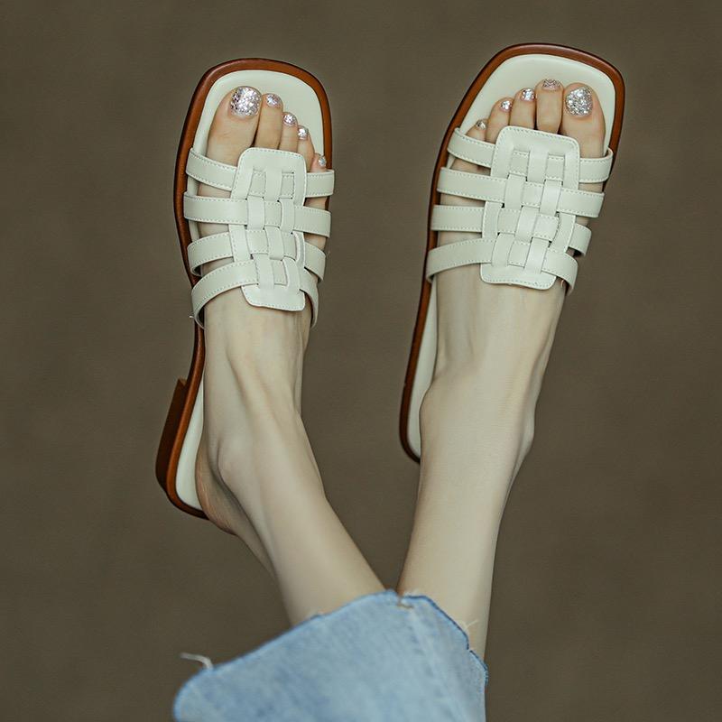 Модные французские модные винтажные сандалии и тапочки женские летние верхние нескользящие тапочки плетеные мягкие подошвы женская обувь сплошной цвет