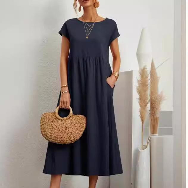 European & American Solid Color Sleeveless Loose Cotton Linen Pocket Dress 2024 In Stock