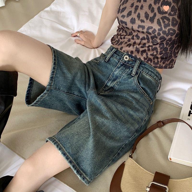 Женские джинсовые шорты с высокой талией, винтажные потертые прямые широкие штаны, однотонные пуговицы на молнии, уличная одежда, джинсы длиной до колена, короткие брюки, большие размеры