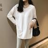 Loose Cotton White Long-sleeved Bottoming Shirt for Women with Slit Plus Velvet Medium-length Large-size T-shirt for Women