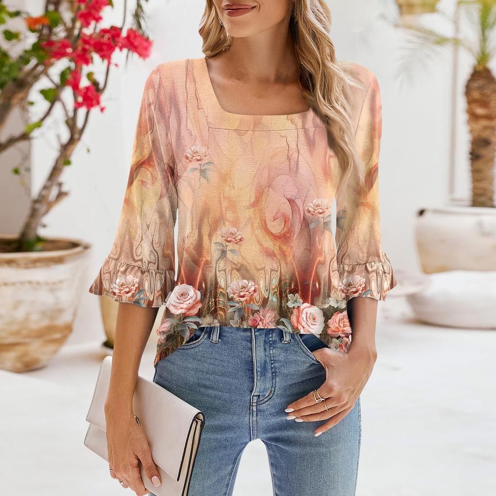 Женские повседневные топы с рукавами 3/4, летние футболки с квадратным вырезом, свободные туники с рюшами, блузки-туники