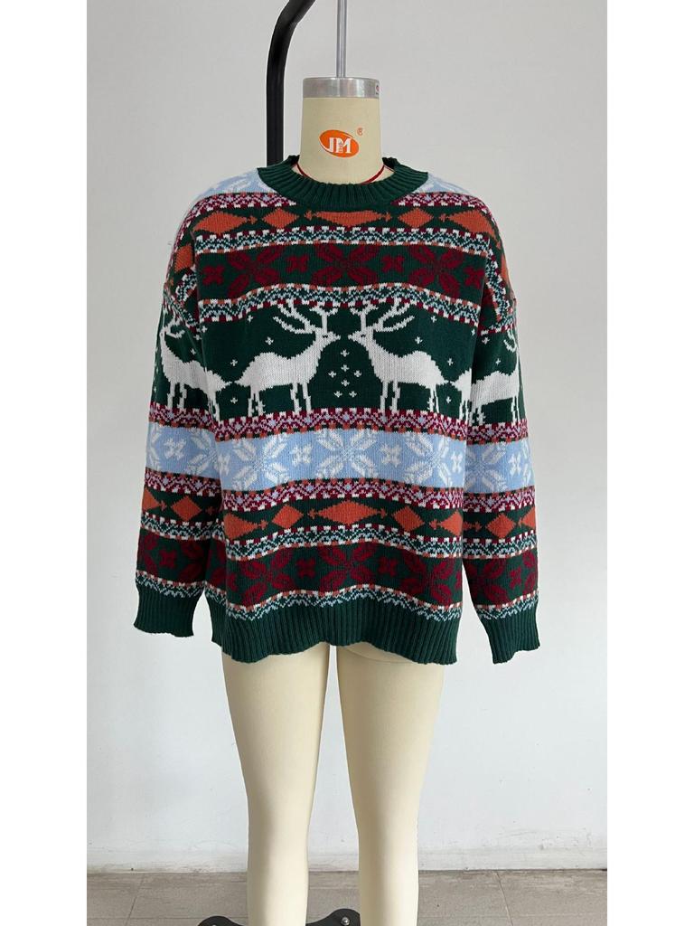 Жаккардовый свитер с европейской и американской рождественской тематикой — женский, свободный крой, круглая горловина, длинный рукав, пять цветов (2022)