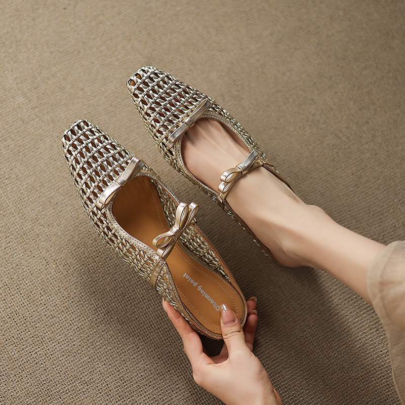 Krazing Pot Straw Weaving Mules Summer Size 42 Bowtie Gold Silver Color Thick Low Heels Women Women Square Toe Sandals