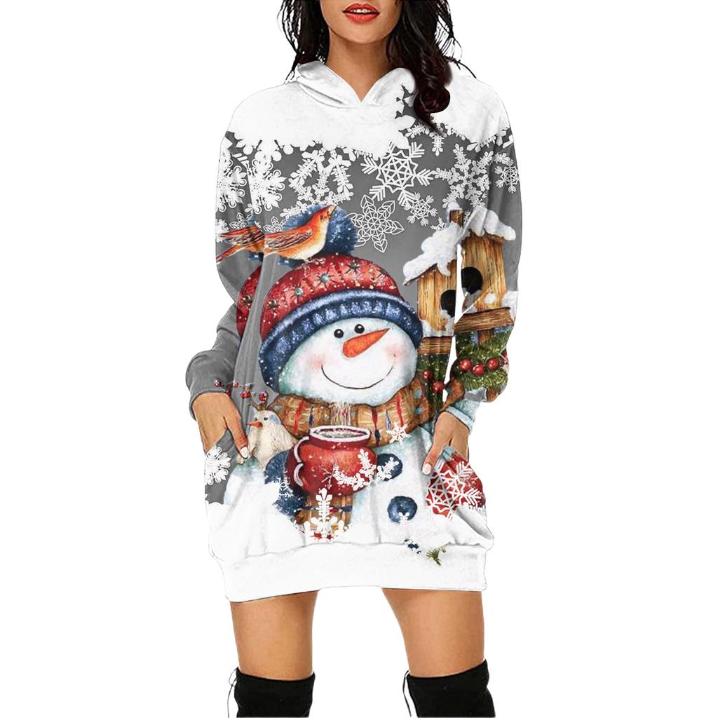 Women's Christmas Print Long-Sleeved Hooded Pocket Pullover Dress