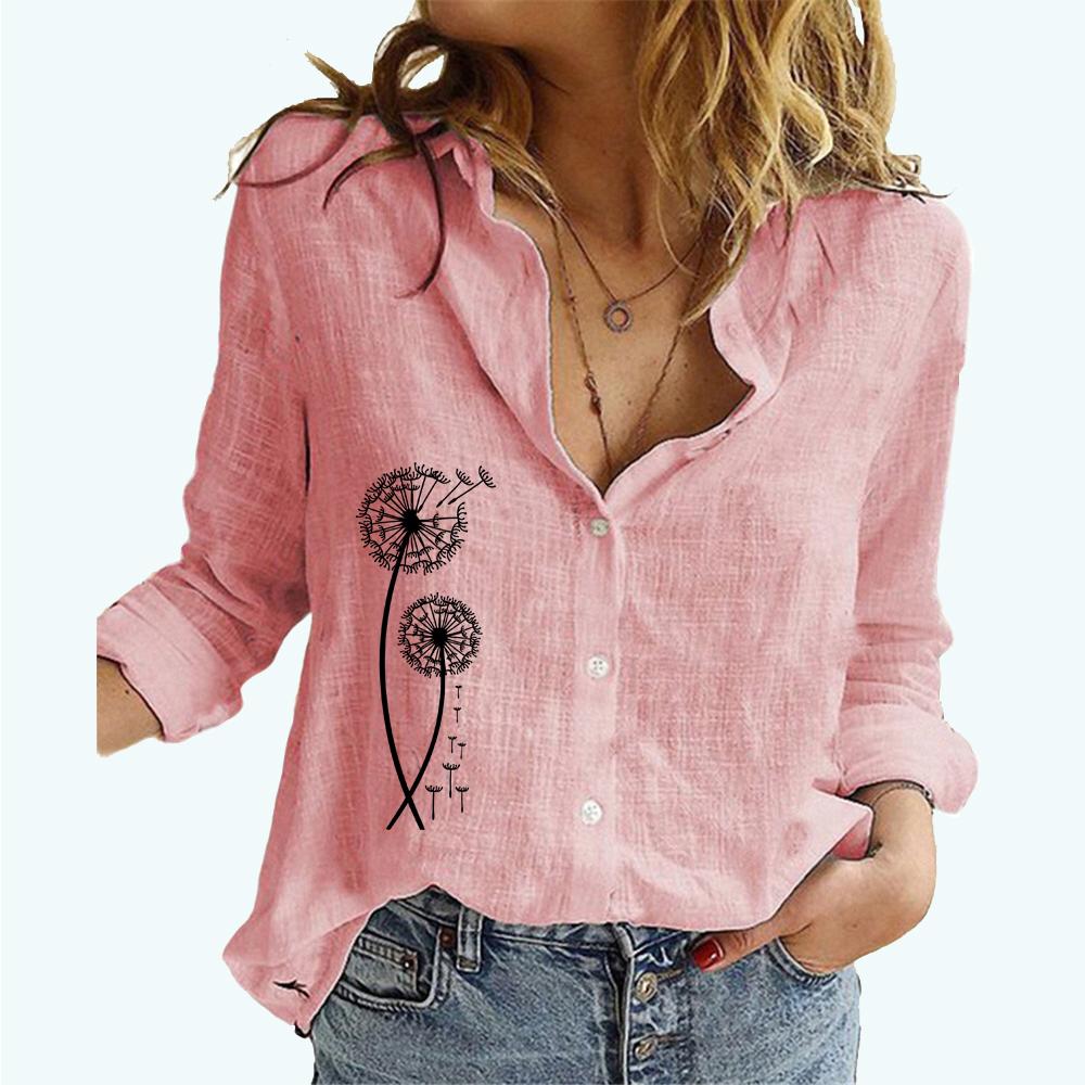 Женская мода, хлопковые и льняные блузки с лацканами, летний и осенний топ с цветочным принтом, женская повседневная свободная футболка с длинным рукавом на пуговицах