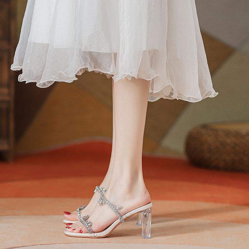 Сандалии с двойным ремешком из французского страза, женские летние феи, на высоком каблуке, прозрачная верхняя одежда с кристаллами, сандалии на толстом каблуке