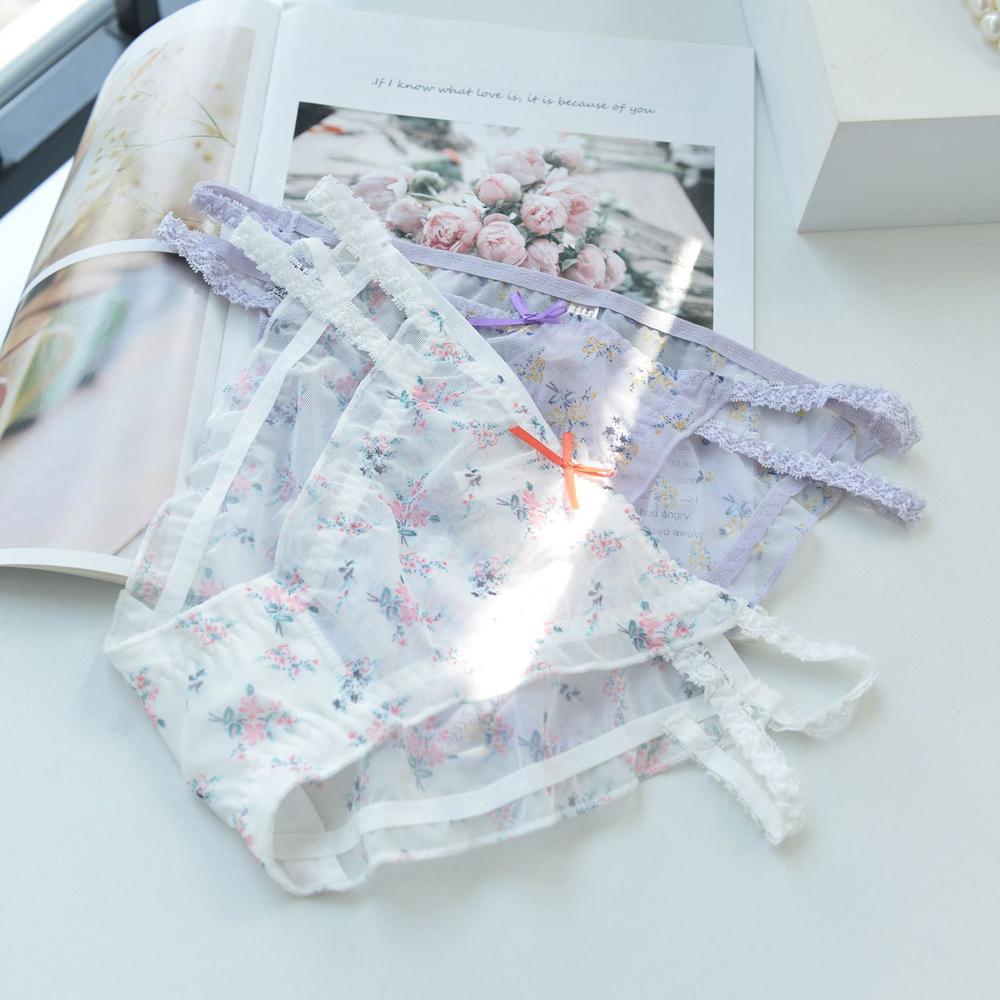 Sexy Sweet Bow Women Transparent Froal Mesh Panties Lingerie Lace Briefs Flower Underwear