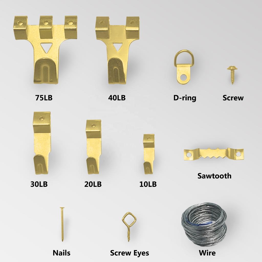 220pcs OEM Iron Brass Plated Wall Mounted Photo Picture Hooks & Hangers Hanging Assortment Kit