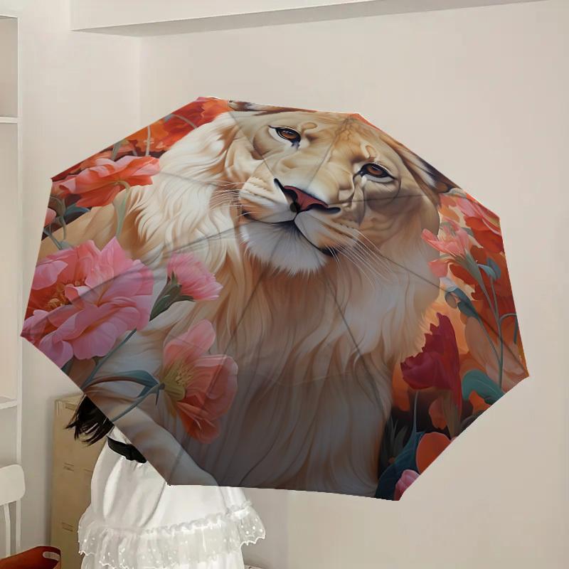 1pc Lion Floral Print Automatic Folding Umbrella, Heavy-Duty 8-Rib Construction, Perfect for Everyday yy251114112