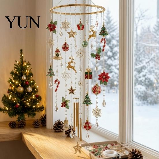 Unique Holiday Present for Friends DIY Christmas Wind Chime Kit, Faux Crystal Bead Hanging Ornament Craft Set Decoration Home with Metal Stand,