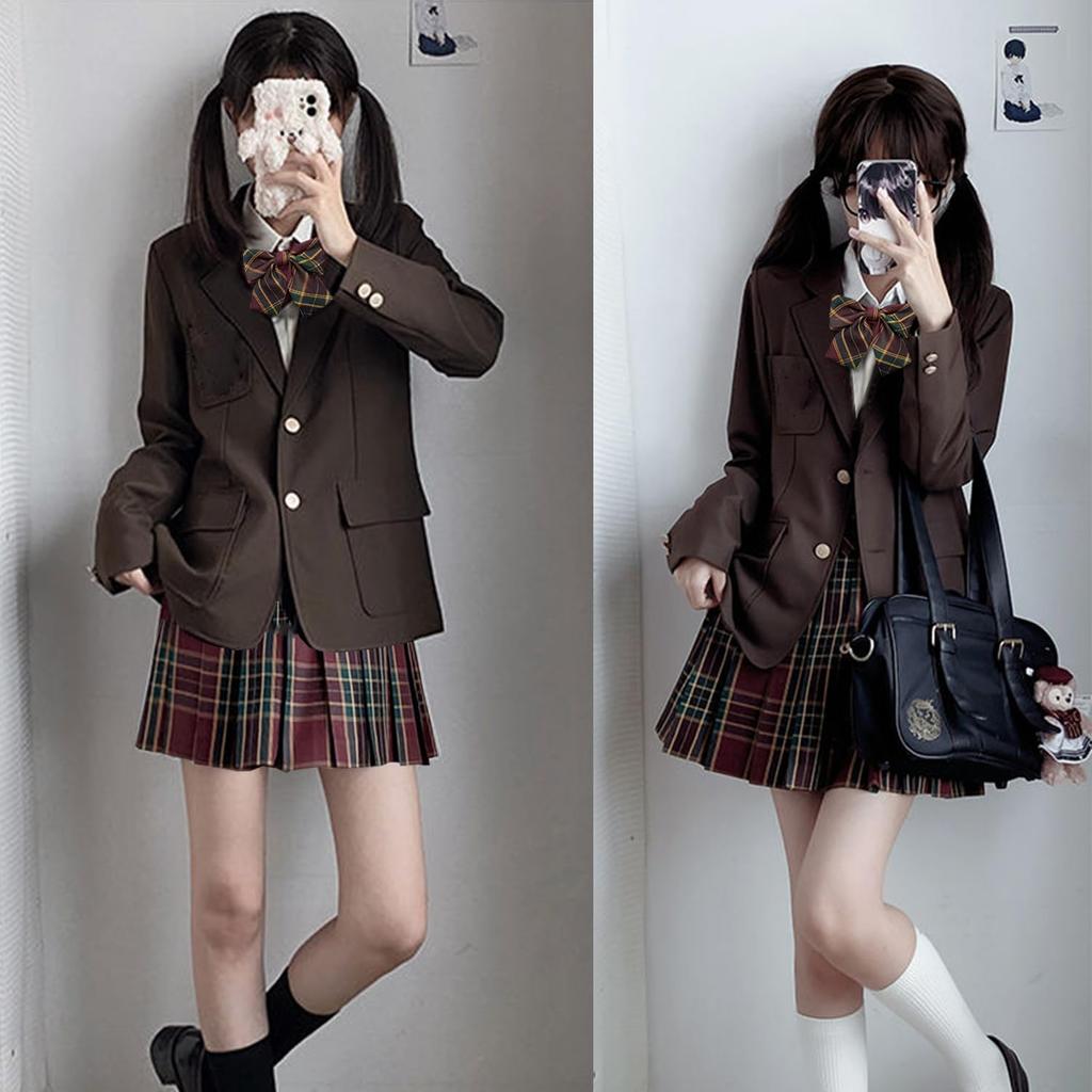 AOTYP High School Girl Uniform Cosplay Costume Ribbon Pleated and Available In Two Navy and Black Size Blazer, 5-Piece Set, Shirt, Skirt, Blazer,