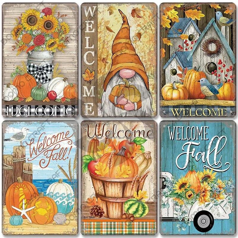 Приветственный плакат, металлическая пластина, винтажная тыква, подсолнух, птица, металлические жестяные знаки, настенный декор, садовая дверь, кафе, вечеринка