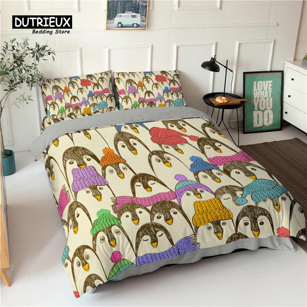 Пододеяльник с изображением пингвина, мультяшные животные, комплект постельного белья для малышей, детей и подростков, пододеяльник с изображением медведя и наволочками, декор для спальни