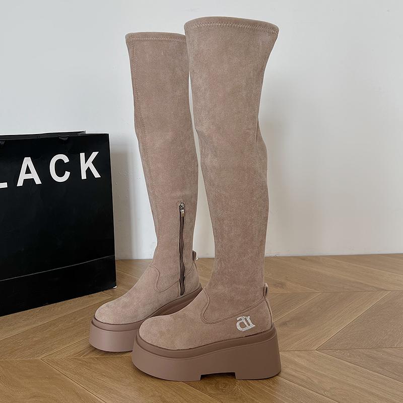Женские эластичные современные сапоги выше колена, модные туфли без застежек, осенне-зимние туфли на платформе, туфли на плоской подошве, женские длинные сапоги в стиле рыцаря