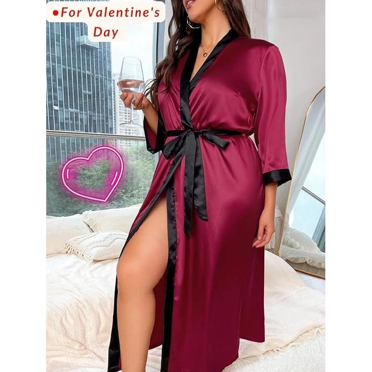 Женский халат на День святого Валентина больших размеров, сексуальный атласный халат, длинная одежда для сна
