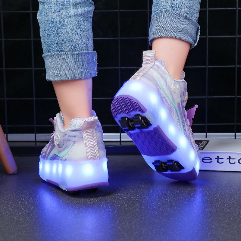 Четырехколесные новые сетчатые светодиодные прогулочные туфли с вращающейся кнопкой детские роликовые коньки обувь для девочек прогулочные туфли для мальчиков