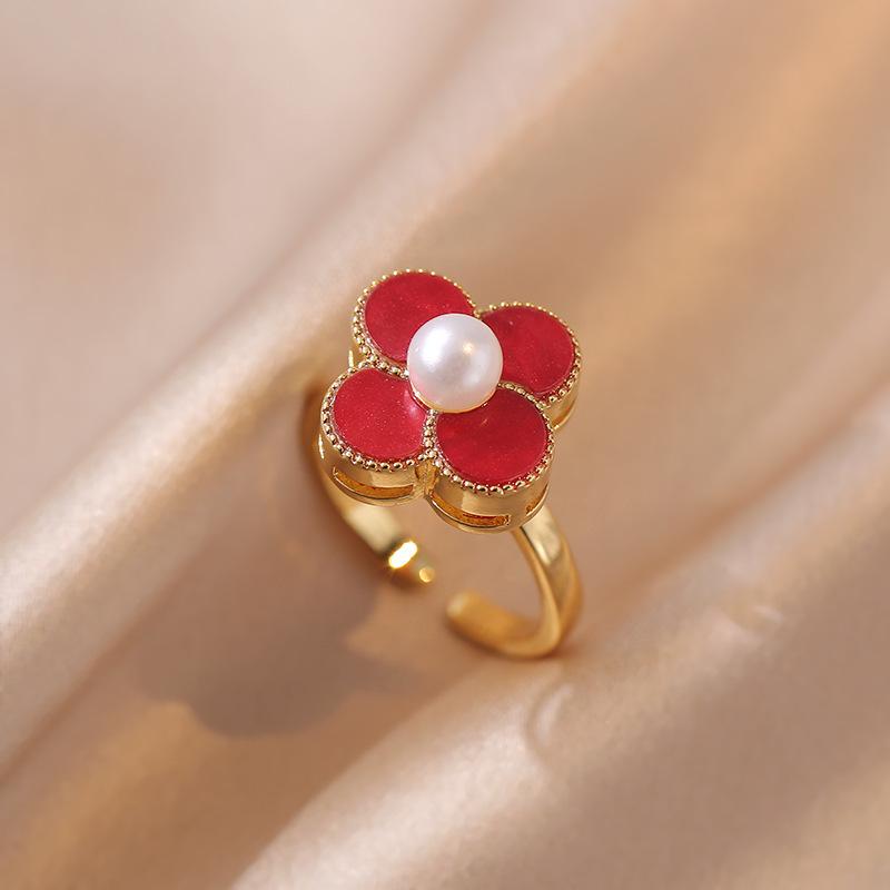 Легкое роскошное перламутровое кольцо с четырьмя листочками клевера, открытое кольцо с цветком, женское регулируемое кольцо с нишевым дизайном