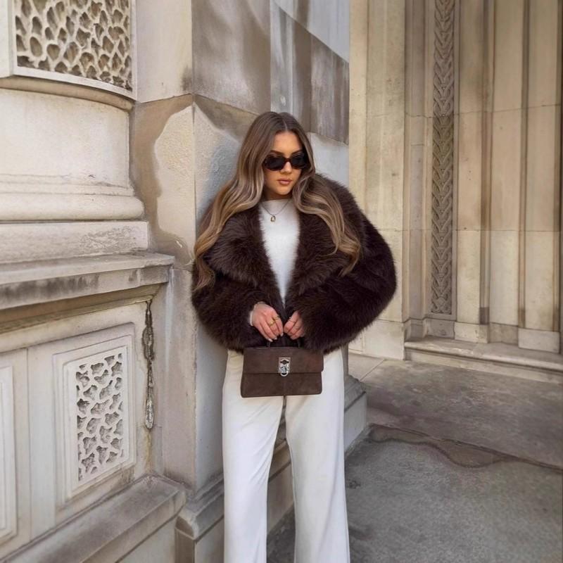 Womens Short Faux Fur Jacket Turn-down Collar Street Style XS-L Sizes