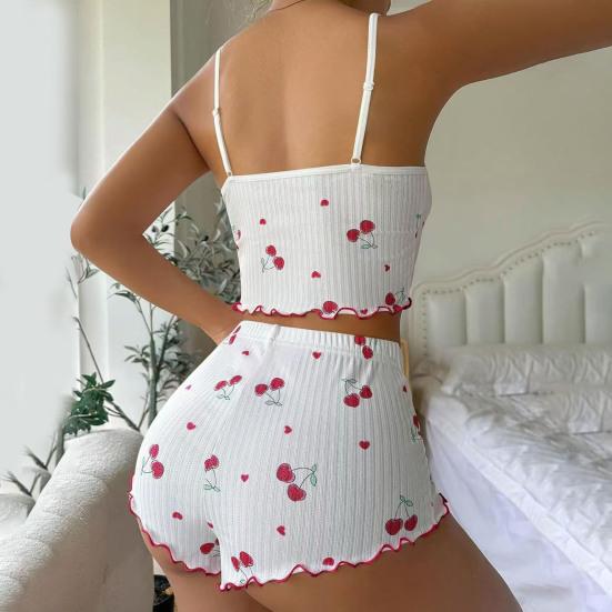 2 Pcs/Set Women Vest Shorts Suit Bow Cherry Print U Neck Sleeveless Top High Waist Short Trousers Homewear Loungewear Outfit Summer Sleepwear