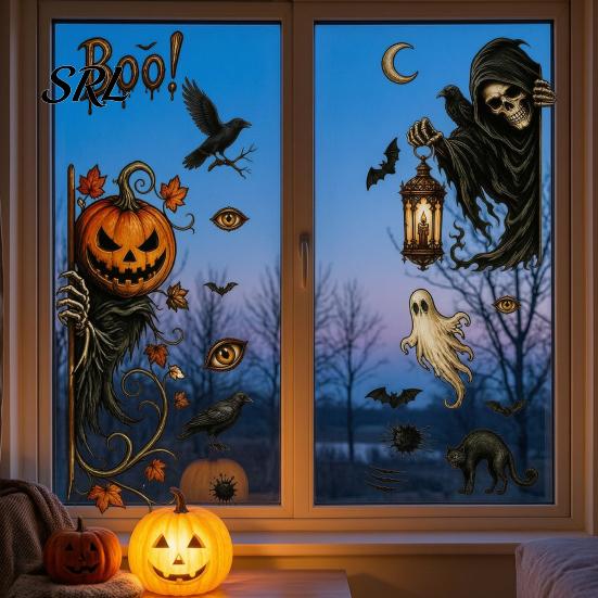 Festival Horror Style Ornaments 6Pcs Halloween Window Stickers, Ghost Pumpkin Grim Reaper Wall Decals, Creative Gift Ideas Self-Adhesive Waterproof