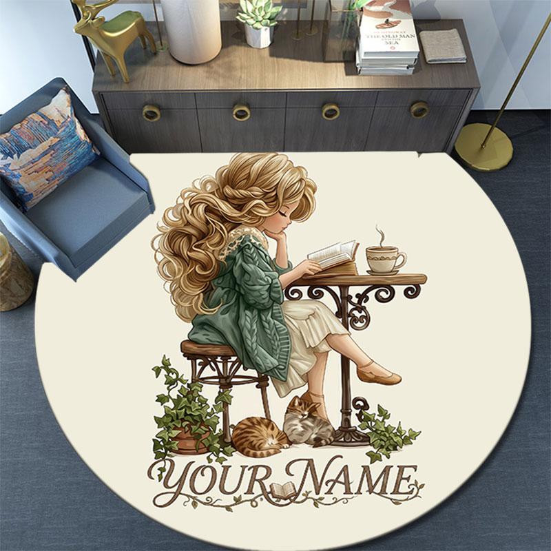 Custom Name,Vintage Country Girl Character pattern round rug,Carpet Rug for Living Room Bedroom Playroom ,Non-slip Floor Mat,Holiday Gifts and Birthda