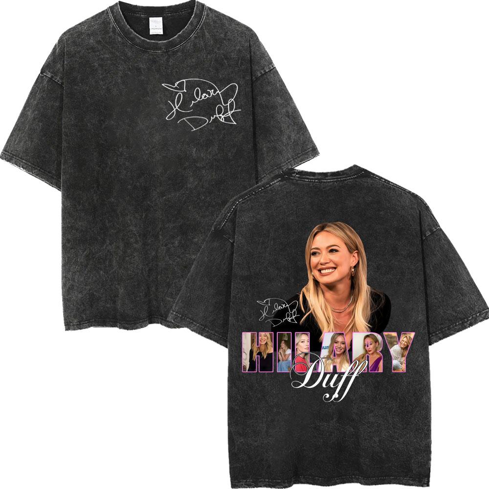 Hilary Duff The Lucky Me Tour Vintage Washed Tshirt Fashion Aesthetic Short Sleeve Tshirts Men Women Casual Loose T Shirt
