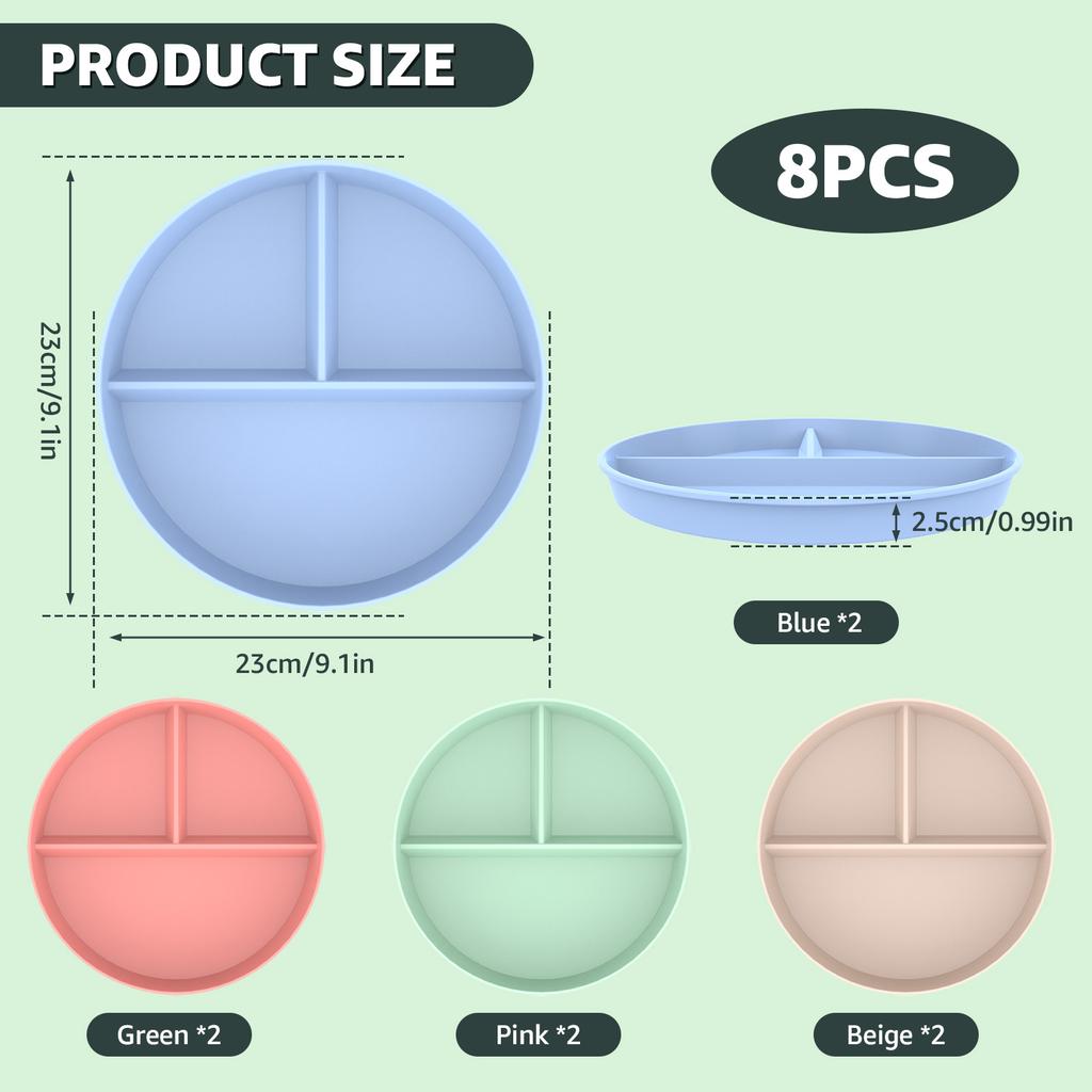 8Pcs 9inch Divided Dinner Plates Unbreakable Reusable Stackable Lightweight Divider Plates Set Microwave Safe for Kids Adults