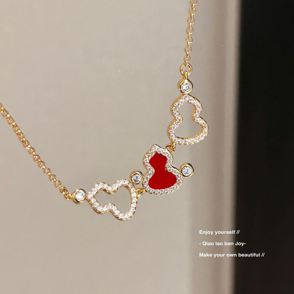 Gourd Necklace: White Mother-of-Pearl & Burgundy Gold On Luxurious Clavicle Chain with Sparkling Diamond Texture