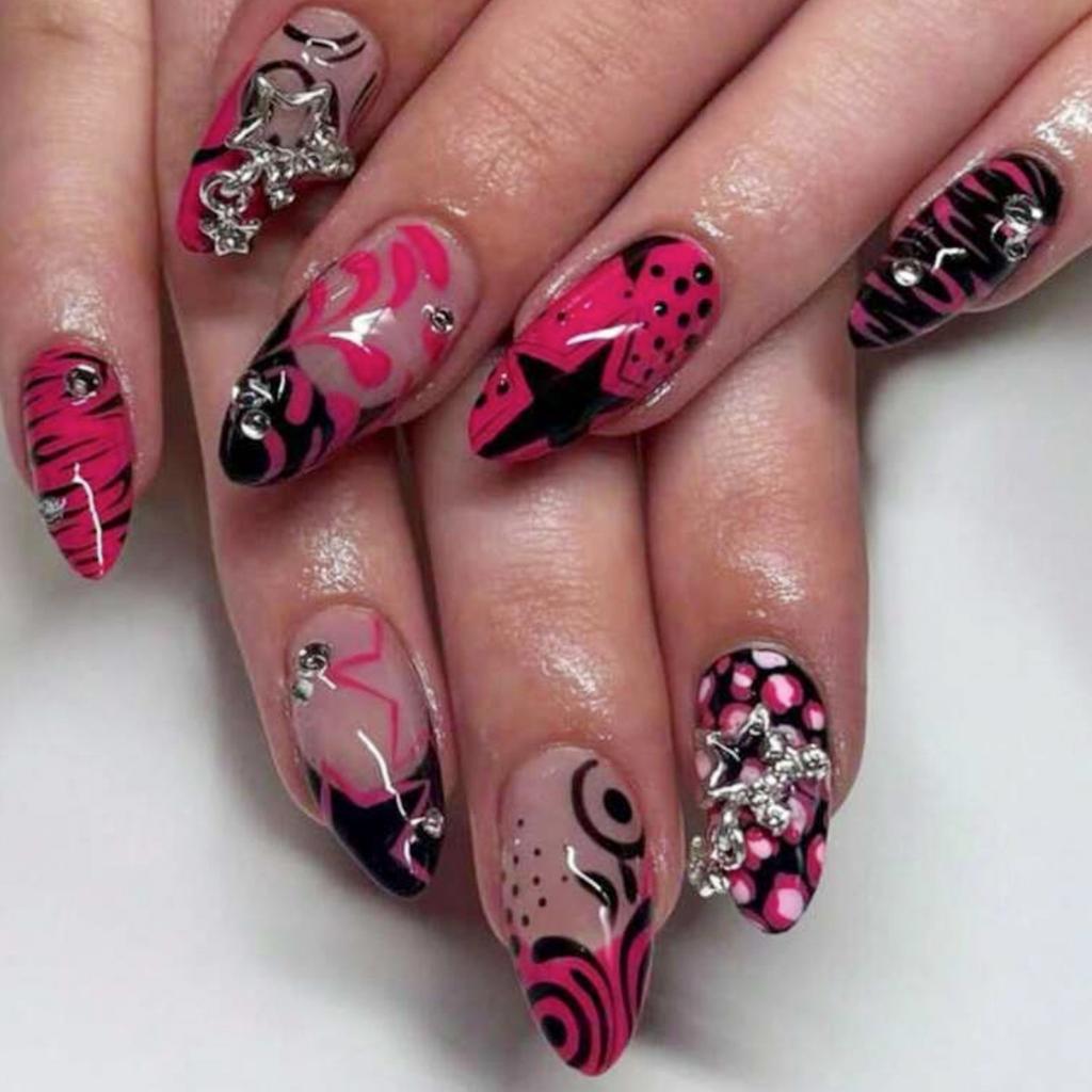 24Pcs Leopard Print Cat's Eye Nail Art Tip Long Almond Black Star Pattern Press on False Nails Pink Glitter Fake Nail Finished