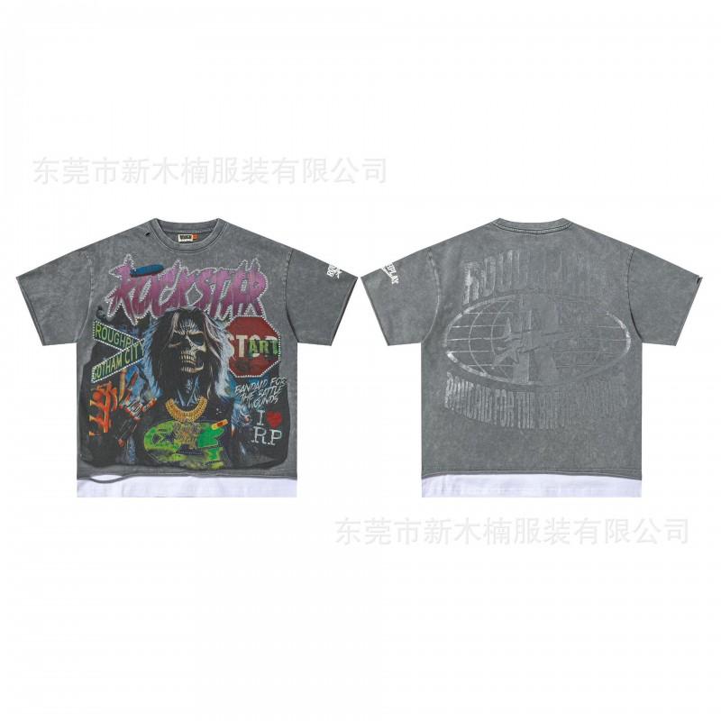 Mens Distressed Washed Vintage Graphic Tee With Rhinestone Embellishment Loose Fit Short Sleeve Cotton T-Shirt