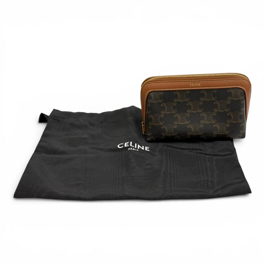 Great CELINE Pouch Line Small Cosmetic Pouch Triomphe Leather Brown 4M1622CZ Used