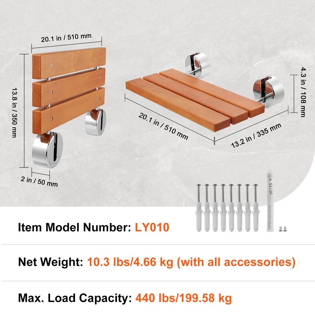 Folding Teak Shower Seat 20.1" x 13.2" Wall Mounted Shower Bench 440 lbs