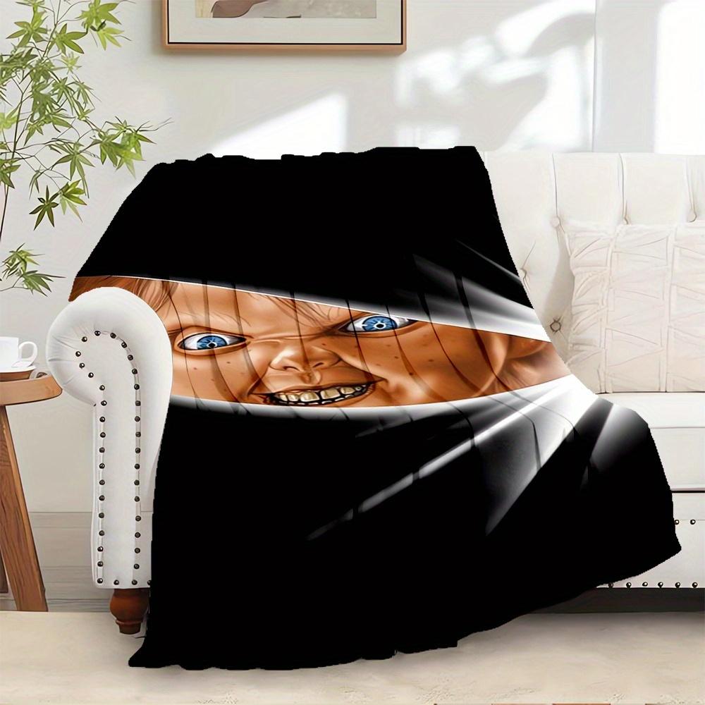 For Chucky,Horror,Doll-Themed Flannel Blanket, Glam Style, Digital Print, All-Season Comfort, Tear-Resistant, Knitted Craftsmanship, Polyest