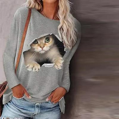 Женские осенние топы, свободная футболка с милым котом и принтом кота, повседневная футболка с длинными рукавами, топ, блузка