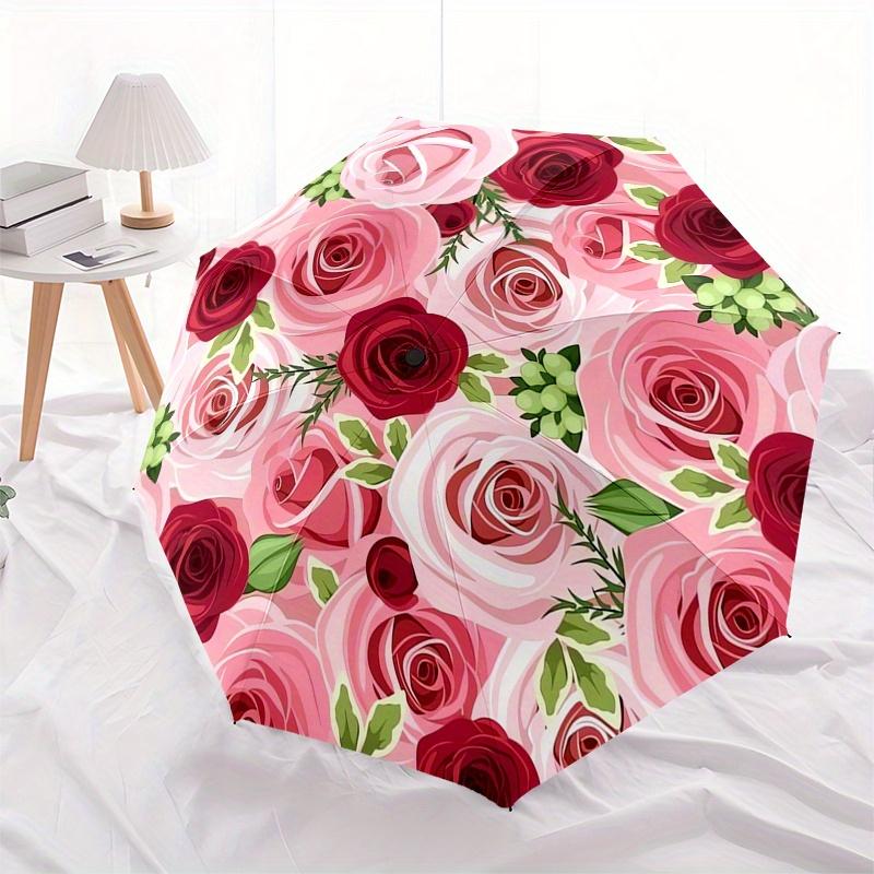 Roses,Floral Themed Automatic Folding Umbrella 8 Ribs Durable Iron Frame, Vibrant Color Design, Compact Travel Umbrella for Beach, Outdoor
