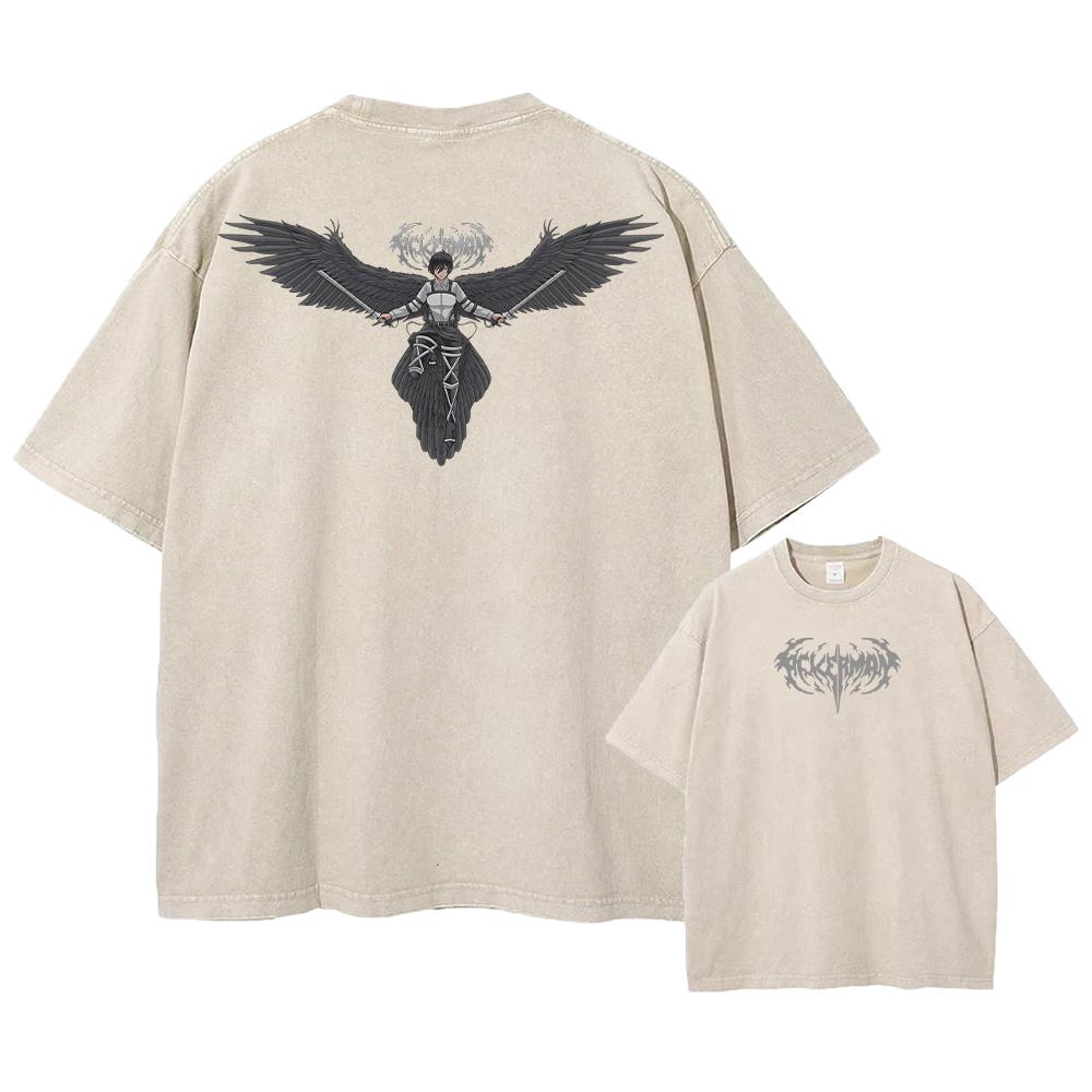 Футболка с принтом «Атака титанов» в стиле аниме, кислотная стирка, короткие рукава, уличные топы, винтажные футболки больших размеров для мужчин в стиле манга