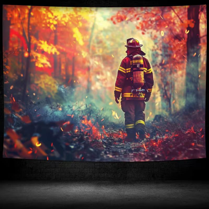 2D Fireman Hero Wall Tapestry, Wildfire Forest Rescue Scene Wall Art for Home Decor