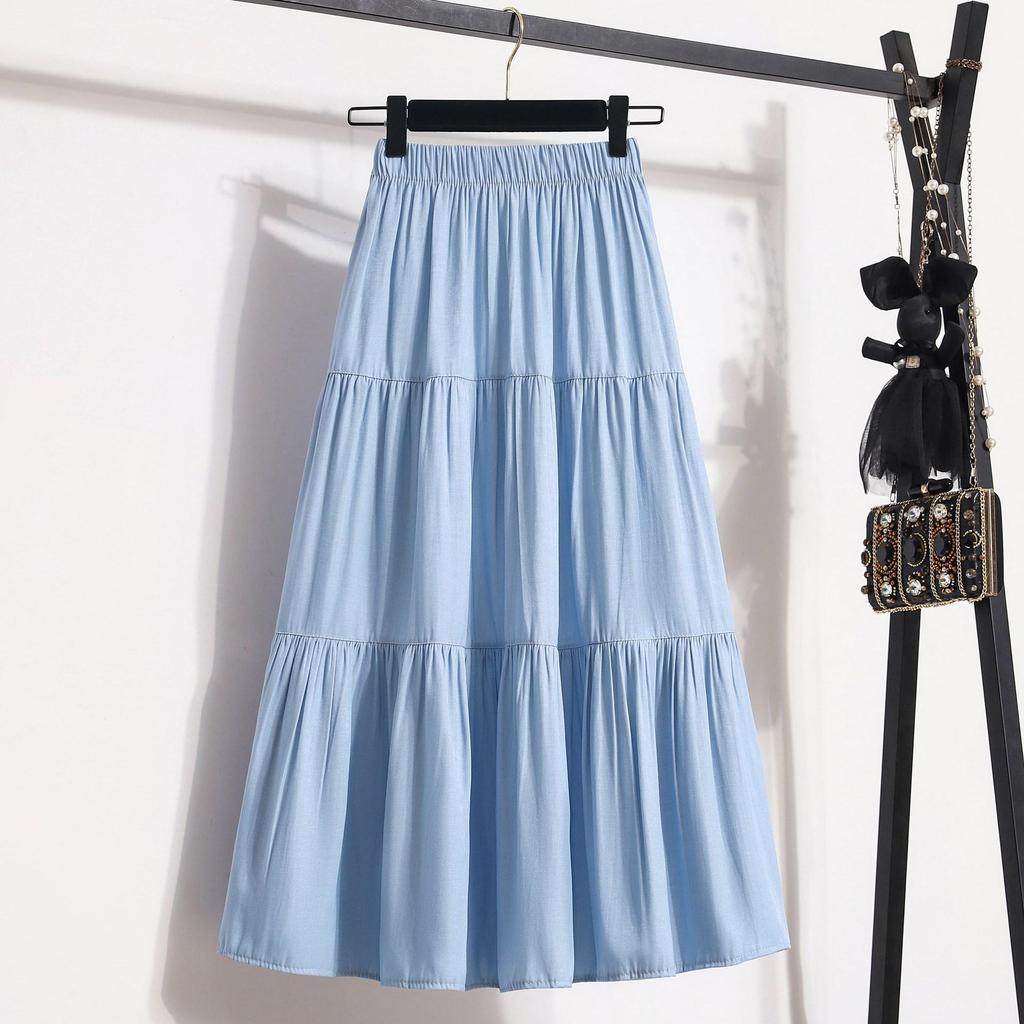 Qooth Patchwork Simple Casual Pleated Skirt Ankle Length Skirt Elegant Blue Skirt QT2158