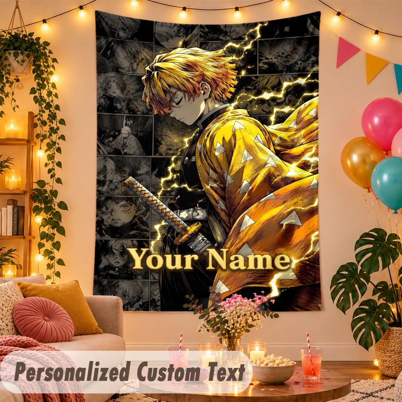Zenitsu Agatsuma Personalized Wall Tapestry Custom Name Text Polyester Hanging Decor Home Room