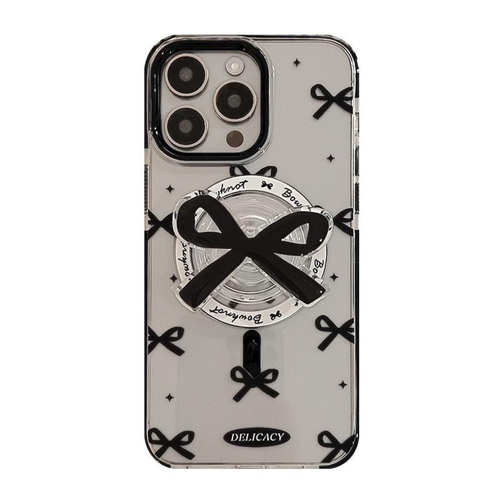 Черный бант Магнитный чехол на присосках 15Promax Прозрачный чехол для iPhone 14 Подходит для 13 Advanced 12 Подставка 16