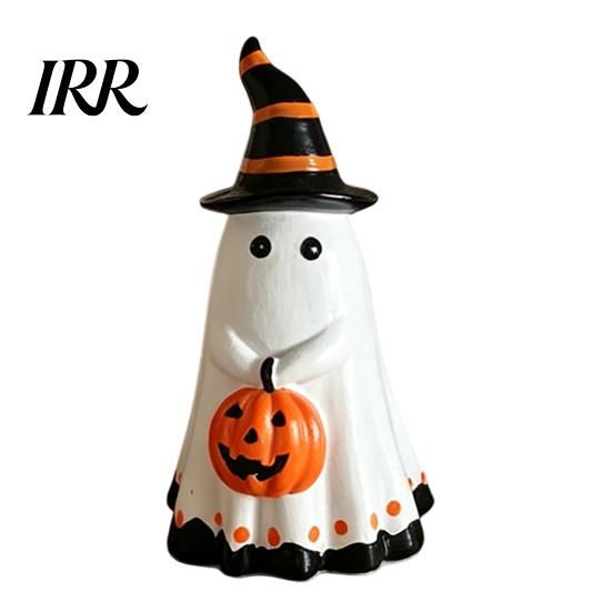 Unique Ghost Art Piece Halloween Figurine with Witch Hat, Cute Small Resin Decorative Holding Pumpkin Statue for Home Table Shelf Desk Decor