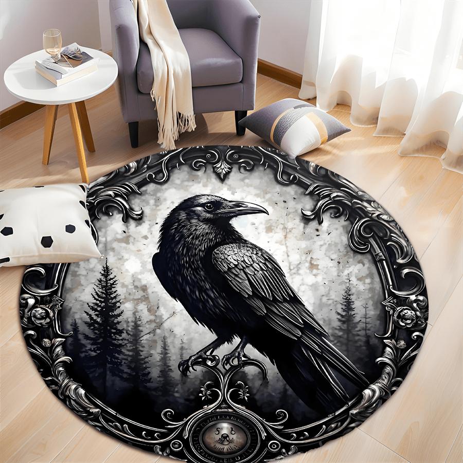 Circular Raven Mystical ForestPattern Round Shape Floor Mats Kitchen Hallway Runner Rug Bedroom Living Room Soft Carpet Non-slip Area Rug