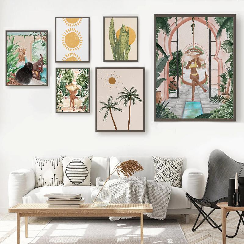 Tropical Summer Woman Art Boho Chic Watercolor Jungle Print Canvas Painting Living Room Bath Wall Home Decor Poster Pictures
