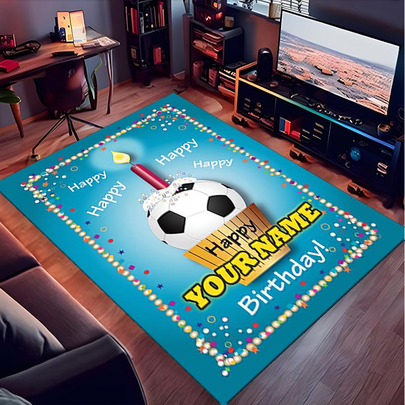 1PC Custom Name Happy Soccer Birthday Theme Floor Mat Ideal for Living Room, Game Rooms, Office, Bedroom,Floor Mat Playful Design