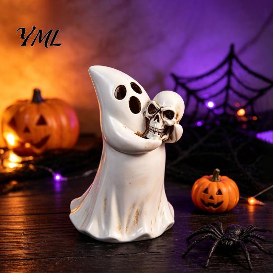 Halloween Festive Decorations Ghost Figurine with Skull, Resin Statue for Tabletop Decor, Decorative Light Holder Retro Gothic Ornament Home