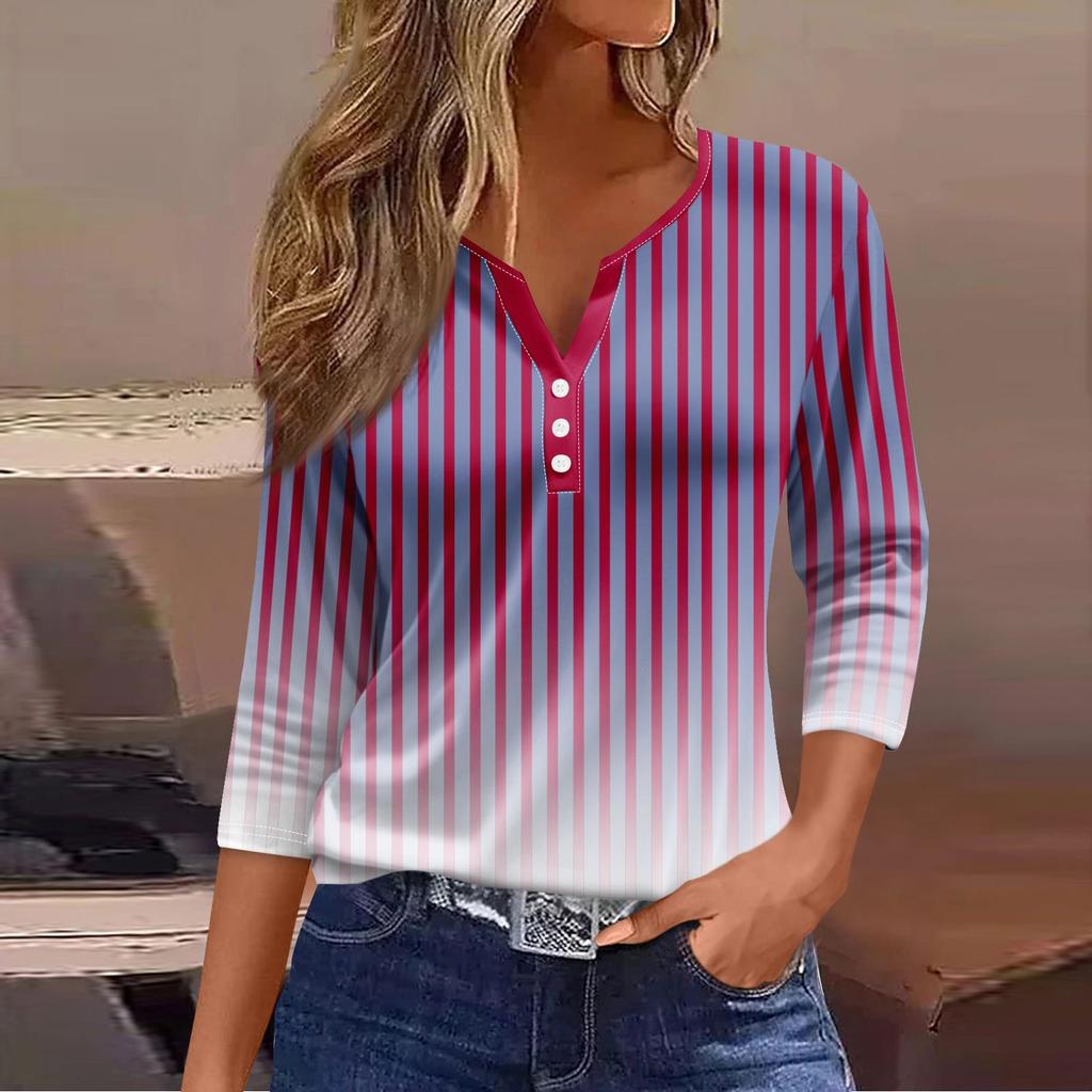 Женский модный повседневный топ с рукавом три четверти и пуговицами в полоску с градиентным принтом и круглым вырезом с принтом