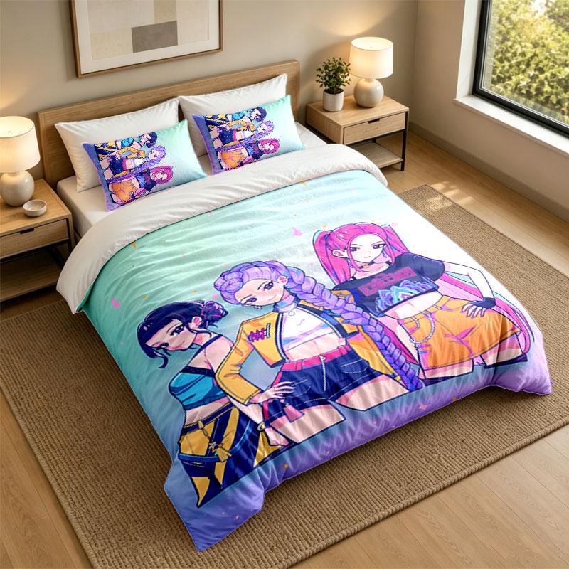3Pcs Bedding SetKpop Demon Hunters Soft Bed Sheet and Two Pillowcases Home Bedroom Decor