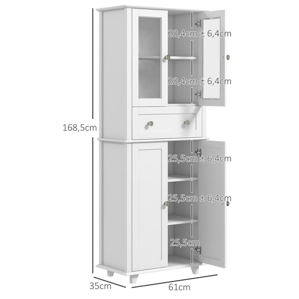 Kitchen Pantry Cabinet Kitchen Cupboard With 2 Tempered Glass Doors Drawer 61x35x168.5 Cm White